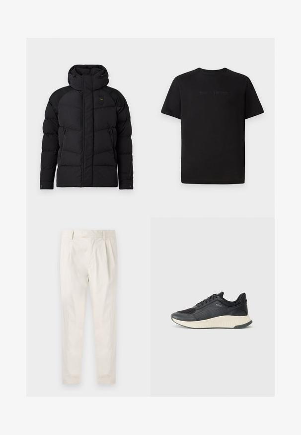 Sort pufferjakke med høj krave og hætte. Har quiltet design, to sidelommer med lynlås og kontrastfarvede skulderdetaljer.; Lacoste T-shirts basic - black; Hvide, plisserede bukser med en skræddersyet pasform, der har en glat overflade, bæltestropper og smalnede ben. Ingen synlige lommer eller mønstre.; Sort atletisk sneakers med en mesh-overdel med perforeringer, en tekstureret mellemsål i cremefarve og en gummisål for godt greb.