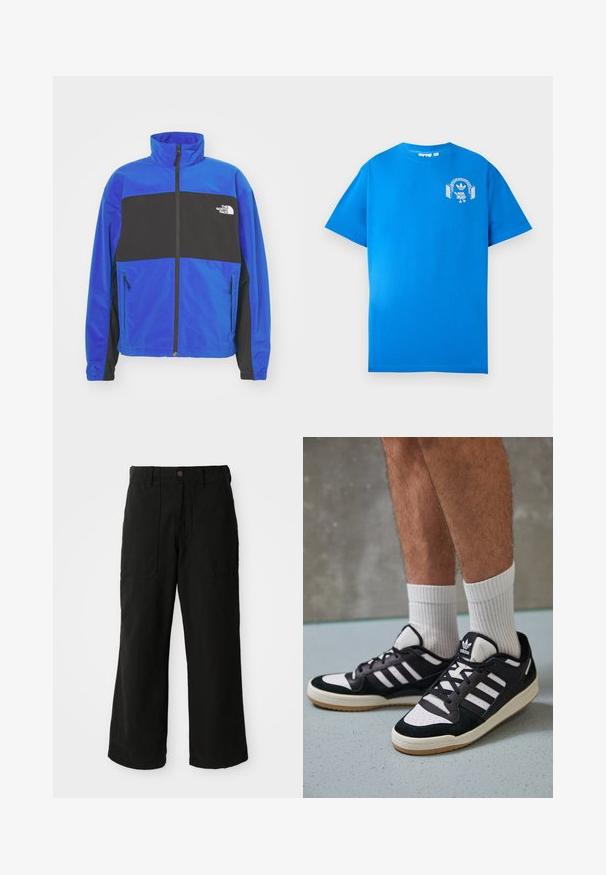The North Face EASY WIND TRACK JACKET - Tunn jacka - blue/black; Blå bomullströja med korta ärmar. Har en vit grafisk design på framsidan, som visar en karaktär med hörlurar och en båge.; Svarta vida byxor i mjukt tyg, med framfickor och knappstängning i midjan. Minimalistisk design utan synliga mönster.; Svartvita sneakers med ovandel i mocka och läder, med tre vita ränder, perforerad tå och sula av gummigummi.