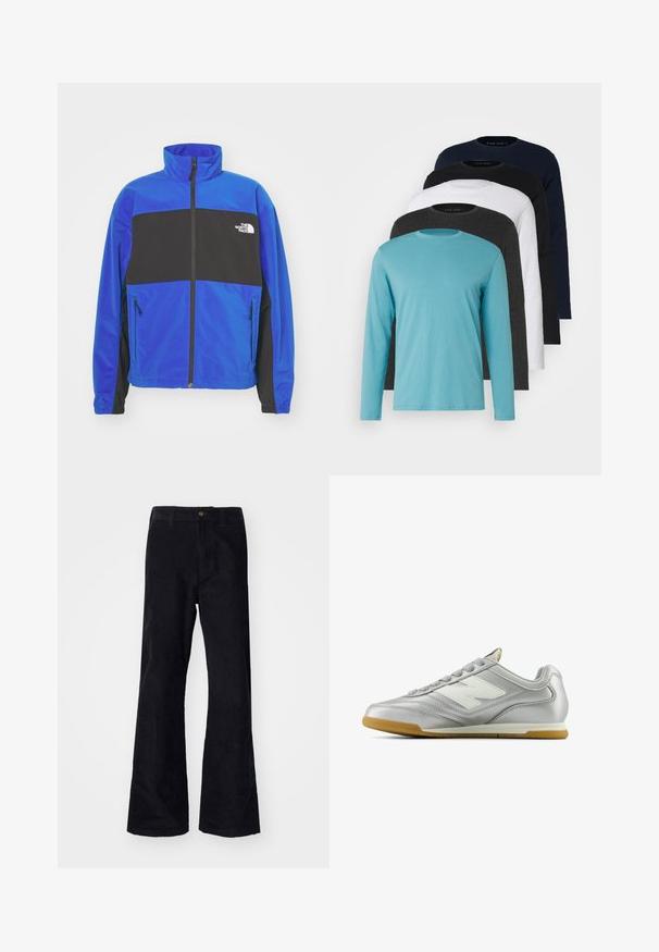 The North Face EASY WIND TRACK JACKET - Suvejakk - blue/black; Viis pika varrukaga T-särki reas: türkiissinine, must, valge, tumehall ja marineeritud sinine. Pehme kangas, ümmargune kaelus ja tavaline lõike.; Mustad mustad flared püksid traditsioonilise vöökoha, ühe esiknappi ja taskutega külgedel ja taga. Sile tekstuur.; Hõbedane spordijalats sileda, läikiva pinnaga, valge logo küljes, tekstuuriga hallid paelad ja kummist soe põhi.