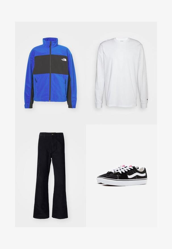 The North Face EASY WIND TRACK JACKET - Skraistė  - blue/black; Balta, ilga rankovė T-maiša, pagaminta iš medvilnės. Apvalios iškirptės dizainas su raukiniais ant rankovių ir nedidelis logotipas ant kairės rankovės. Glotni tekstūra.; Juodos, medvilninės platėjančios kelnės su tradicine juosmeniu, vienu priekyje esantį mygtuką ir kišenėmis šonuose ir gale. Lygus paviršius.; Juodos zomšinės sportbačiai su baltais raišteliais, turintys išryškintą baltą šoninės juostą ir juodą guminį padą, demonstruojantys kontrastingus siuvinėjimo detalės.