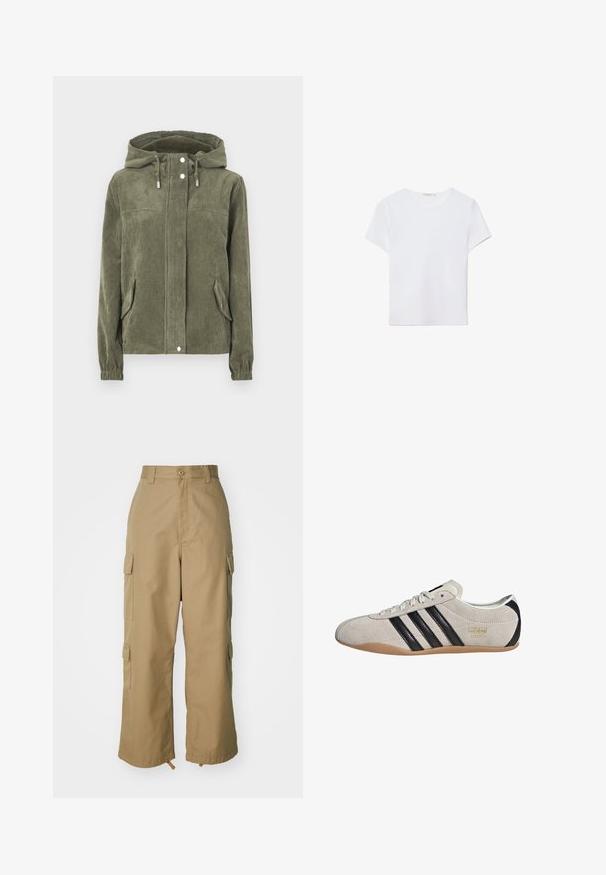 Zelený kordový kabát s kapucňou, vybavený plným predným zipsom, šnúrkami, dvomi bočnými vreckami a rebrovanými manžetami.; Biela kratká dámska tričko s krátkym rukávom vyrobené z mäkkej látky. Má okrúhly výstrih a jednoduchý, čistý dizajn so rovnými okrajmi.; béžové cargo nohavice s vysokým pásom, širokými nohavicami a štyrmi veľkými bočnými vreckami. Vyrobené z odolnej tkaniny s hladkou textúrou a minimálnymi detailmi.; Semišové tenisky so šedým zvrškom, čiernymi pruhmi a gumovou podrážkou. Majú šnurovanie a zlatý logový detail na boku.