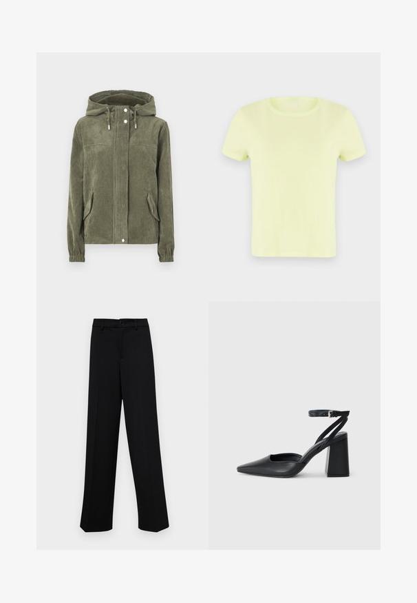 Green corduroy jacket with a hood, featuring a full front zipper, drawstrings, two side pockets, and ribbed cuffs.; Neon yellow short-sleeve t-shirt made of cotton. Features a classic round neckline and a smooth, lightweight texture.; Black wide-leg trousers made of smooth fabric, featuring a classic waistband with a button closure and front pleats.; Black leather pointy-toe pump with an ankle strap and a chunky heel. Flat texture, sleek design, and minimalistic aesthetics.