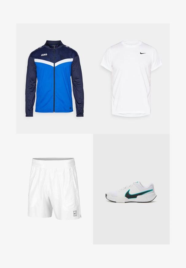 JAKO ICONIC - Športna jakna/jopica - blau; Bela kratka majica s kratkimi rokavi Nike, izdelana iz gladkega sintetičnega materiala, z črnim logotipom na levi strani prsnega koša.; Bele športne kratke hlače iz lahkotnega materiala z elastičnim pasom, ki imajo dva stranska žepa in majhen črn logotip na robu.; Bela športna copata z teksturiranim mrežastim zgornjim delom, črnimi gumijastimi podplati in teal Nike simbolom kot poudarkom. Ima vezalke in oblazinjen ovratnik.