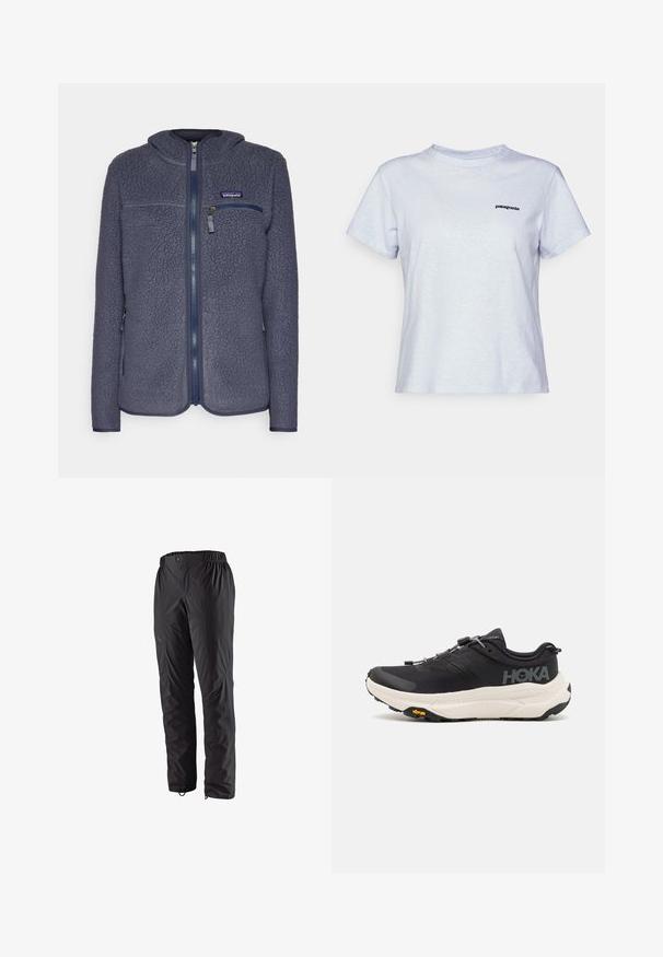 Patagonia RETRO niebieski; Jasnoniebieska bawełniana koszulka z krótkim rękawem, okrągłym dekoltem oraz małym czarnym logo z napisem "patagonia" na lewej piersi.; Czarne wodoodporne spodnie z elastycznym pasem, bocznymi kieszeniami na zamek, zwężanymi nogawkami i gładką fakturą. Idealne na aktywności na świeżym powietrzu.; Czarne buty sportowe z oddychającą siateczką, gumową podeszwą, białą wkładką amortyzującą i odblaskowymi sznurowadłami. Logo Vibram na podeszwie.