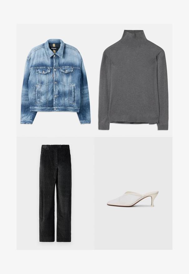 Denim jaka, gaiši zila ar gradienta efektu. Ar divām krūšu kabatām, metāla pogām un krāsas traipu detalizācijām. Klasisks apkakle un taisna piegriezuma.; Pelēks turtlenecks džemperis, izgatavots no mīkstas auduma, ar garām piedurknēm, ribinātu apkakli un apakšu, piedāvā relaksētu piegulšanu. Gluda tekstūra un vienkāršs dizains.; Melnas, teksturētas platajās bikses ar izteiktu audumu, kas ietver priekšējos krokas un plakanu jostasvietu. Klasisks dizains daudzpusībai.; Baltas austs punka purngals mūlis ar šauru vidēji augstu papēdi un uzvelkamu dizainu uz vienkārša fona.