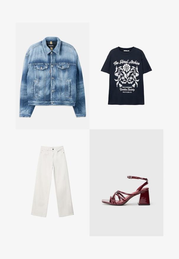 Denimová bunda, světle modrá s gradientním efektem. Obsahuje dvě náprsní kapsy, kovové knoflíky a detaily skvrn od barvy. Klasický límec a rovný střih.; Námořnické tričko s krátkým rukávem s bílou květinovou grafikou a textem "Květinový archív", "Společnost Evermist Garden" a "Divoká flóra Co."; Bílé široké džíny vyrobené z denimu, s vysokým pasem, pětičkovým designem a uzavíráním na kovový knoflík. Hladká textura, bez vzorů.; Patentní burgundské sandály na podpatku se čtveratou špičkou, s několika propletenými pásky a robustním blokovým podpatkem. Nastavitelný pásek kolem kotníku.