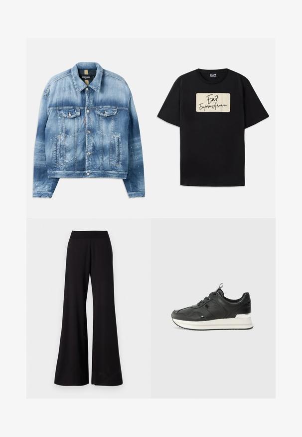 Denimjack, lichtblauw met een gradient effect. Beschikt over twee borstzakken, metalen knopen en verfspatten. Klassieke kraag en rechte pasvorm.; Zwarte katoenen t-shirt met een rechthoekig merklogo in een crèmekleur met handgeschreven tekst. Korte mouwen en een normale pasvorm.; Zwarte wijde broek gemaakt van gladde stof met een hoge, rekbare tailleband. De broek heeft een volle lengte en een eenvoudig ontwerp zonder patronen.; Zwarte leren sneakers met een gladde textuur, met een ronde neus, veters aan de voorkant en een witte en zilveren accent op de zool.