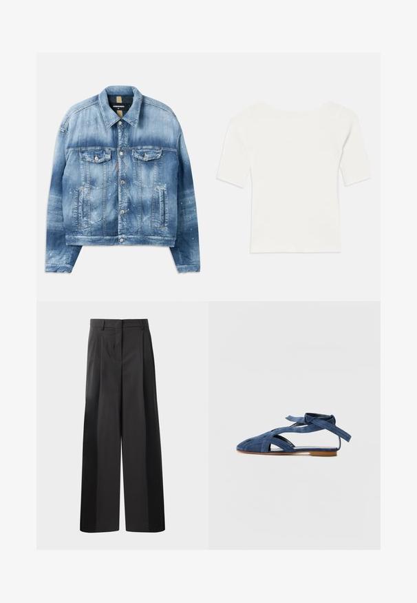 Denimjack, lichtblauw met een gradient effect. Beschikt over twee borstzakken, metalen knopen en verfspatten. Klassieke kraag en rechte pasvorm.; Witte ribben top met korte mouwen en een brede hals. De textuur heeft verticale strepen, die een snug fit en eenvoudig ontwerp benadrukken.; Zwarte wijde broek met hoge taille, met voorplooien, een gladde textuur en een nette afwerking. Ontworpen voor een ontspannen pasvorm.; Emporio Armani Sandalen - blue