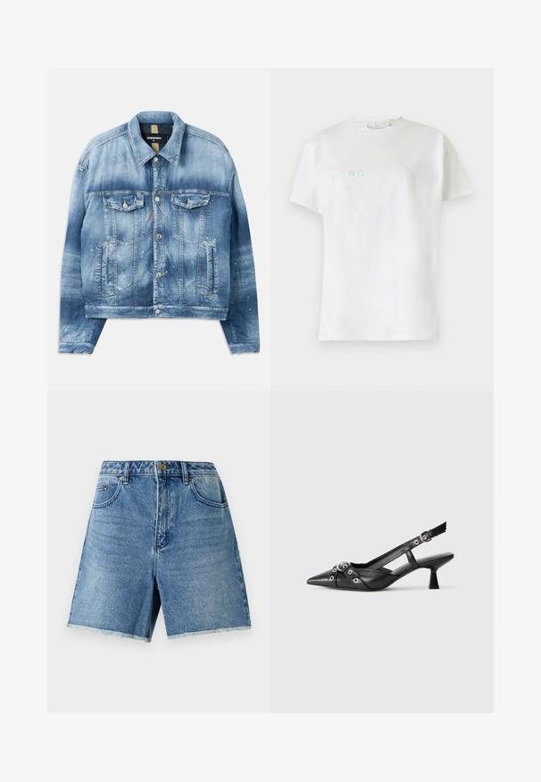 Denim-jakk, helesinine gradient-efektiga. Omab kahte rinna-taskut, metallnuppe ning värvipritsmeid. Klassikaline krae ja sirge lõige.; Valge puuvillane t-särk lühikeste varrukatega ja ümarate kaelustega, mille rinnaosas on hele sinine tekst sõnaga "INTROSPECTION".; Heledad teksased, helesinine, kõrge vöökoht, nööbiga kinni pandud, eestaskud ja räbal ääreviimistlus, et saavutada mugav lõige.; Must must have must toote tõmblukuga, dekoratiivsed rihmad metallist silmadega ja madal blokk-kand. Tekstureeritud pind.