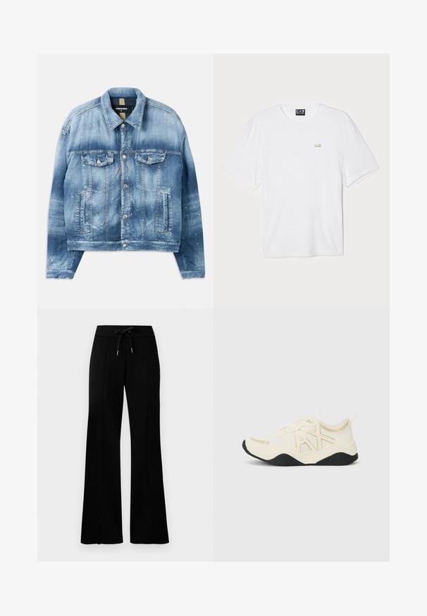 Traper jakna, svijetlo plava s gradijent efektom. Ima dva džepa na prsima, metalne dugmadi i detalje s mrljama boje. Klasičan ovratnik i ravni kroj.; Bijela pamučna majica kratkih rukava s okruglim izrezom, s malim zlatnim EA7 logotipom na lijevoj strani prsnog područja.; Crne široke trenirke s remenom na vezanje, bočnim prorezima, mekanom tkaninom i elegantnim dizajnom.; Bijele tenisice s teksturiranim gornjim dijelom, zlatnim akcentima i dizajnom logotipa. Imaju crnu potplat i vezanje za sigurno pristajanje.