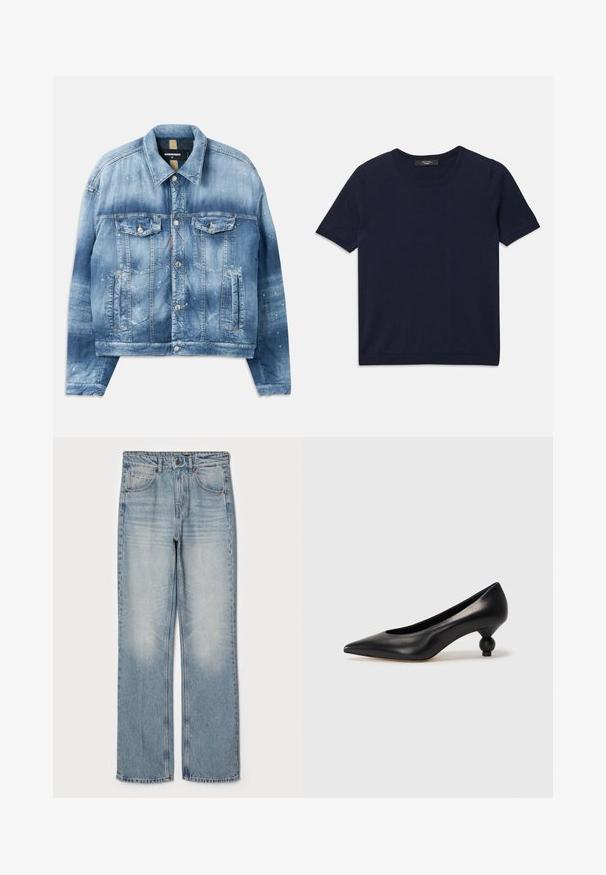 Džínová bunda, svetlo modrá s gradientným efektom. Obsahuje dve náprsné vrecká, kovové gombíky a detaily s farbou. Klasický golier a rovný strih.; Námornícka modrá polokošeľa krátky rukáv vyrobená z mäkkej látky, s okrúhlym výstrihom a rebrovanými okrajmi, hladkou textúrou a bez viditeľných vzorov.; Svetlomodré denimové džínsy so rovnom strihom, s vysokým pásom, five-pocket dizajnom a jemným vyblednutím na stehnách a kolenách.; Čierna kožená vysoká topánka na podpätku s ostrým špičkou a okrúhlym, guľatým podpätkom. Hladký povrch s moderným, minimalistickým dizajnom.
