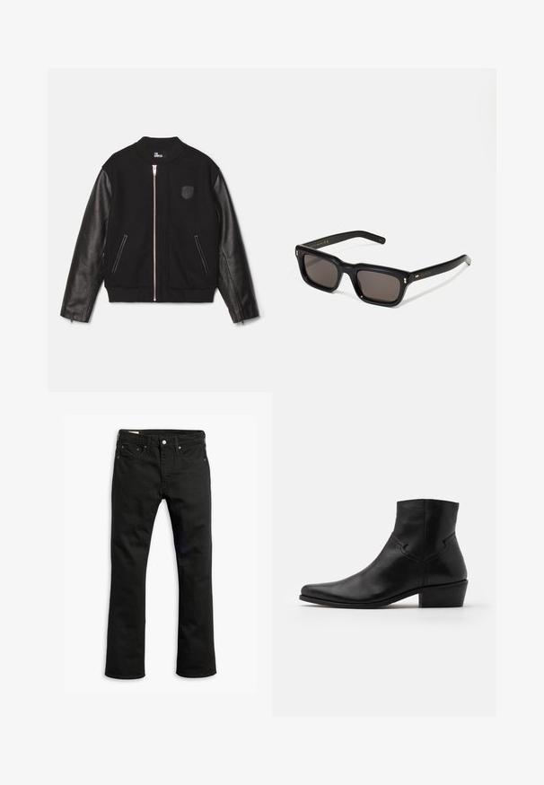 Melnā bomber jakas ar vilnas korpusu un ādas piedurknēm. Iespējo priekšējo rāvējslēdzēju, ribotu apkakli un divas sānu kabatas. Akcentēta ar vairoga logo.; Melns kokvilnas bezpiedurkņu topiņš ar apaļu kakla izgriezumu un platām padusēm, gluda tekstūra un birka ar zīmolu "WEEKDAY."; Melnas džinsu bikses ar taisnu kāju dizainu, piecām kabatām, metāla pogu aizdari un smalkām šuvju detaļām. Gluda tekstūra un vienota krāsa.; Melnas ādas potītes zābaki ar smailo pirkstu, minimāliem šuvju detalizējumiem, vidējas augstuma bloku papēdi un gludu, spīdīgu apdari.; Melnas taisnstūra formas saulesbrilles ar tumšiem stikliem, bieza plastmasas rāmja, zelta akcenti pie tempļiem un zīmola logo iegravēts roku daļā.