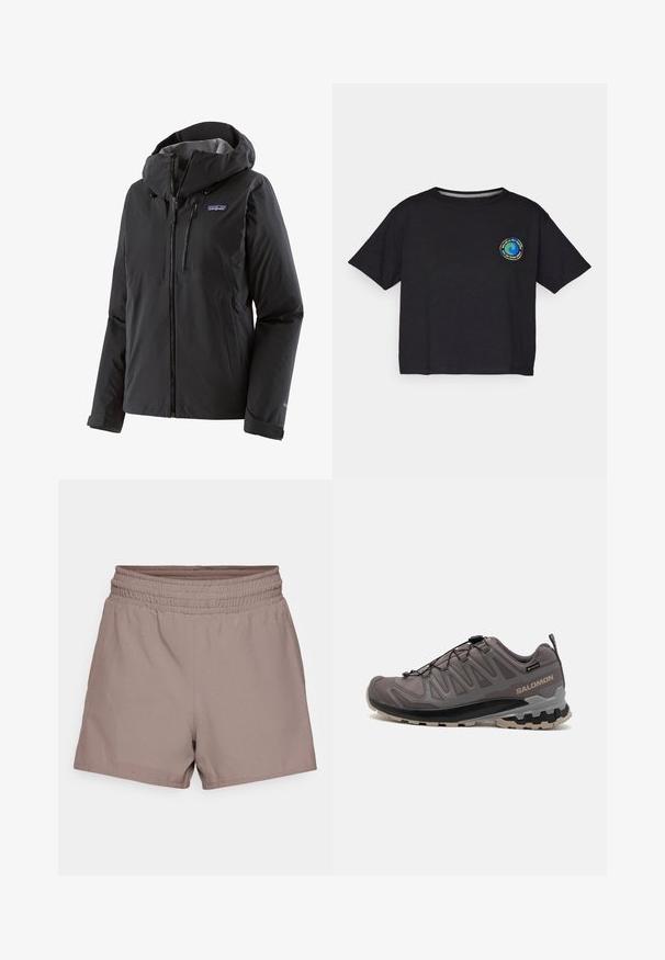 Patagonia GRANITE CREST - Hardshell striukė - black; Juodas medvilnės trumpomis rankovėmis marškinėliai su apvaliu multicolor logotipu ant krūtinės. Tiesus apvadas ir laisvas pritaikymas.; Šviesiai rudos šortai, pagaminti iš lygios medžiagos, su elastinga juosmeniu ir laisvu siluetu, be matomų kišenių ar dekoracijų.; Pilkas lauko batai su tinklinėmis ir sintetinių medžiagų viršumi, paminkštintu apvadu ir tekstūruotu padu su giliomis išpjovomis traukai. Reguliuojama raištelių sistema.
