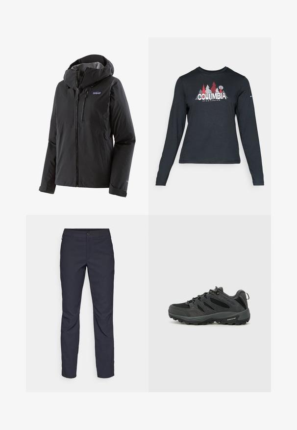 Patagonia GRANITE CREST - Casaco impermeável - black; Camisa de mangas longas cinza escuro com um gráfico de árvores vermelhas e montanhas; logótipo "COLUMBIA" em texto branco em negrito. Tecido suave, cuello redondo padrão.; Calças azul-marinho feitas de tecido liso, com fecho frontal em botão, design slim-fit e detalhes pregueados nos joelhos.; Columbia REDMOND - Sapatos de caminhada - black/citron haze