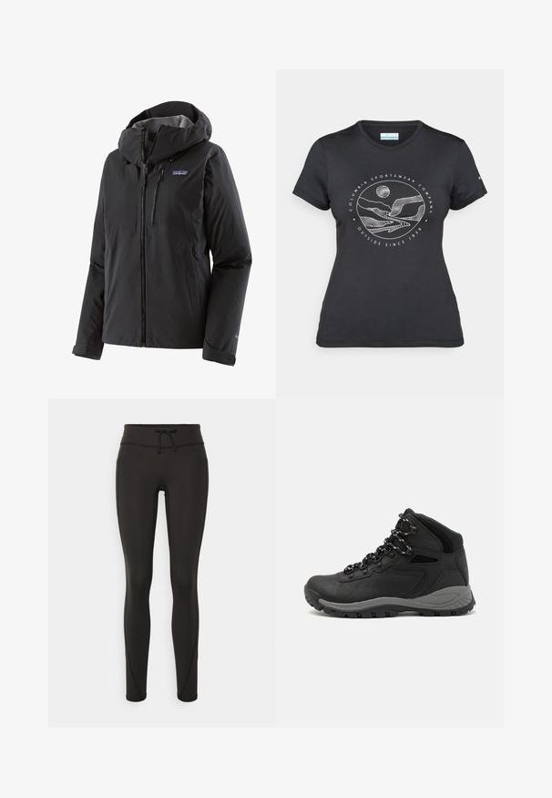 Patagonia GRANITE CREST czarny; Czarny t-shirt Columbia z białą okrągłą grafiką gór i rzeki oraz napisem "Columbia Sportswear Company Outside Since 1938."; Czarne legginsy z wysokim stanem, sznurkiem do regulacji, gładką teksturą i dopasowanym krojem. Posiadają detale w postaci przeszyć po bokach.; Czarne buty trekkingowe z średnim cholewem, z teksturowaną cholewą, szarymi akcentami oraz trwałą gumową podeszwą z wypustkami zapewniającymi przyczepność.