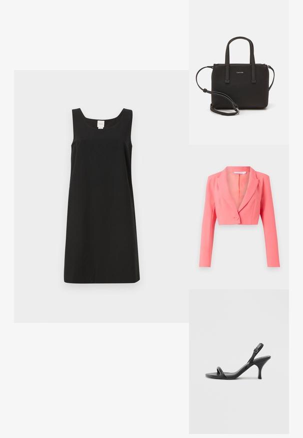 Blazer accorciato in un vivace corallo, realizzato in tessuto liscio, presenta un colletto a punta, chiusura con un singolo bottone e maniche lunghe con cuciture frontali.; Abito nero senza maniche con scollo quadrato e taglio dritto, realizzato in tessuto morbido. Presenta un design minimal e nessuna hardware visibile.; Sandali con tacco alto in pelle nera, con tacco sottile e curvo e design a fascia incrociata. Cinghia alla caviglia regolabile. Texture liscia.; Borsa nera con doppi manici corti e tracolla removibile. Materiale simile alla pelle liscia con chiusura a zip e dettaglio del logo.