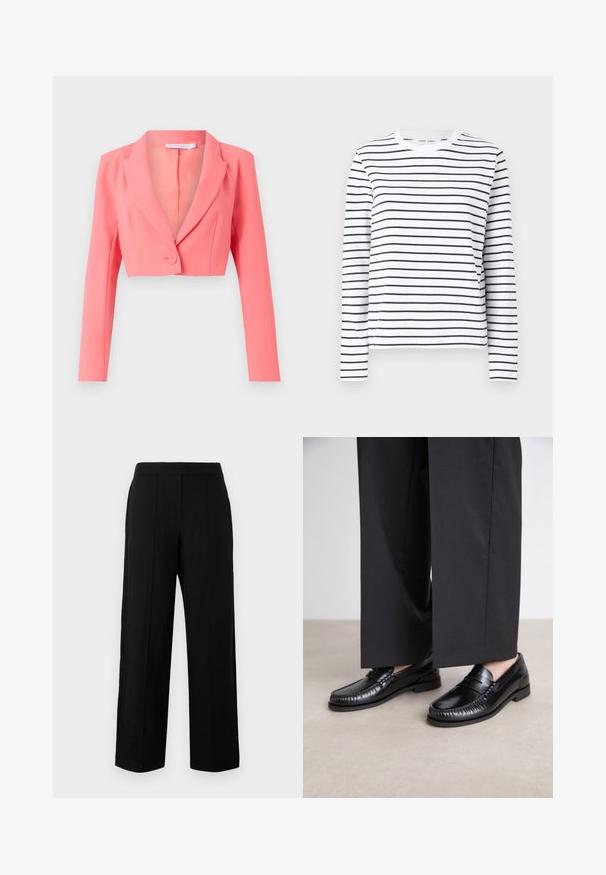 Lyhyt vihreä bleiseri kirkkaan korallin värisenä, valmistettu sileästä kankaasta. Siinä on kaarrokeetu, yksi nappikiinnitys ja pitkät hihat etusaumoilla.; Pitkähihainen valkoinen puuvillapaita, jossa on mustat vaakasuorat raidat. Rinnassa on pyöreä kaula-aukko ja rento istuvuus. Ei huomattavia yksityiskohtia tai kuoseja.; Mustat leveälahkeiset housut, jotka on valmistettu sileästä kankaasta. Niissä on tasainen etuosa, kaksi pystysaumaa ja yksinkertainen vyötärönauhan muotoilu.; Mustat nahka loaferit, joissa on sileä pinta, tikattu yksityiskohta varpaiden ympärillä ja matala kumipohja. Yhdistetty leveiden mustien housujen kanssa.