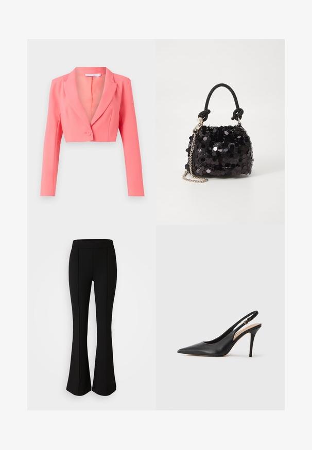 Krótkie żakiet w jasnym koralowym kolorze, wykonane z gładkiego materiału, posiada klapę, zapięcie na pojedynczy guzik oraz długie rękawy z przeszyciami z przodu.; Czarny top z długim rękawem o asymetrycznym dekolcie, z jednym odsłoniętym ramieniem i delikatnym drapowaniem na klatce piersiowej.; Czarne spodnie dzwony z elastycznego materiału o gładkiej strukturze, z detalami szwów z przodu dla dodatkowego stylu.; Czarny skórzany sandał na obcasie z wydłużonym noskiem, gładką fakturą i delikatnym paskiem z metalową klamrą.; Czarna mini torebka z cekinami, z węzłowym, teksturowanym paskiem i srebrnym łańcuchem. O zaokrąglonym kształcie z marszczoną górą i refleksyjnymi detalami.