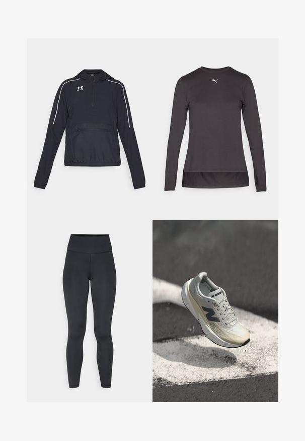 Fekete kapucnis pulóverdzseki, félcipzárral elöl, elasztikus mandzsettákkal és derékpánttal. Fehér díszcsíkokkal és egy elülső cipzáras zsebbel rendelkezik.; Fekete, hosszú ujjú sportpóló kerek nyakkivágással, kisebb fehér logóval a mellkason és hüvelykujjnak kialakított nyílásokkal az ujjak végén. Simább textúra.; Magas derekú fekete leggings, rugalmas anyagból készült, sima textúrával és testhezálló dizájnnal, minimális varrási részletekkel.; Új Balance futócipő, amely világosszürke hálós felsőrésszel, krémszínű középtalppal, sötétszürke részletekkel és egyetlen, aerodinamikus kialakítással rendelkezik.