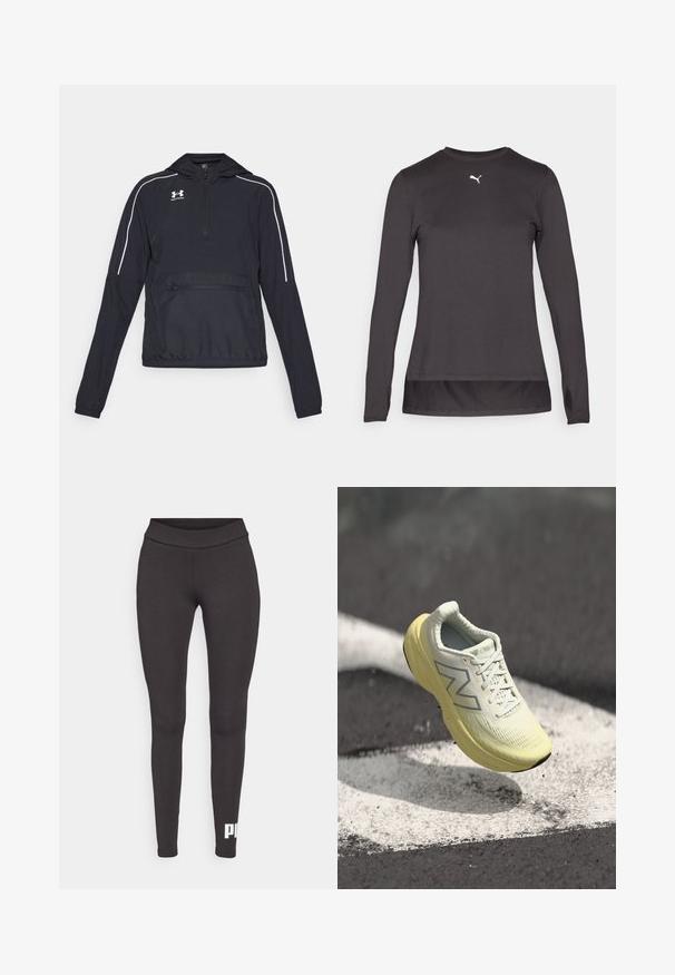 Giacca nera a pullover con cappuccio, zip frontale a metà, polsini e vita elasticizzati. Presenta linee di accento bianche e una tasca frontale con zip.; Maglietta atletica nera a maniche lunghe con scollatura rotonda, caratterizzata da un piccolo logo bianco sul petto e aperture per il pollice sui polsini. Tessuto liscio.; Leggings neri realizzati in tessuto elastico, con una cintura alta e un logo bianco stampato sulla parte inferiore della gamba sinistra. Texture liscia.; Scarpa da corsa giallo chiaro con tomaia testurizzata, lacci e suola ammortizzata. Presenta un logo argento sul lato e un design elegante.
