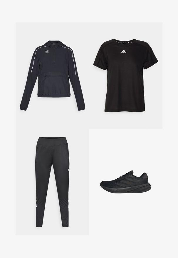 Zwarte pulloverjack met capuchon, halve ritssluiting aan de voorkant, elastische manchetten en taille. Voorzien van witte accentlijnen en een voorzak met rits.; Zwarte t-shirt met korte mouwen van katoen, met een wit logo op de borst en driehoekige accenten langs de binnenkant van de hals.; Zwarte sportbroek van rekbare stof, met een aansluitend ontwerp, twee zijzakken met rits en een logo-accent op het onderste deel van het been.; Zwarte sportieve schoenen met een bovenwerk van mesh, gestroomlijnde vorm, platte zool en drie diagonale strepen aan de zijkant. Lichtgewicht ontwerp voor comfort.