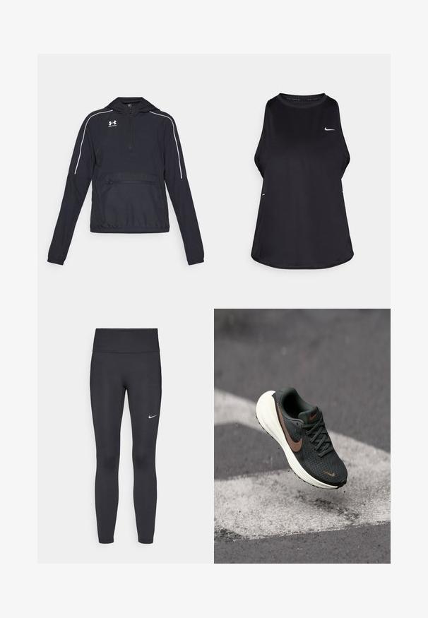 Casaco preto de pullover com capuz, frente com meia zip, punhos e faixa elástica na cintura. Apresenta linhas de destaque brancas e um bolso frontal com fecho zip.; Top de corrida sem mangas de cor preta, feito de material leve com decote redondo; apresenta um logotipo subtil e aberturas laterais para respirabilidade.; Leggings pretos feitos de tecido elástico, com uma cintura alta e um logo branco da Nike na coxa esquerda. Textura suave, design ajustado ao corpo.; Sapatilha de corrida em malha preta com um upper texturizado, um swoosh da Nike em marrom, e uma sola branca acolchoada, suspensa acima de uma superfície cinza.