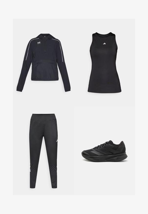 Crni pulover jakna s kapuljačom, prednjim pola-molton zatvaračem, elastičnim manžetama i pojasom. Ima bijele akcentne linije i prednji zip džep.; Crna bezrukavna atletska majica od glatke tkanine. Ima okrugli dekolte i mali bijeli Adidas logo na grudima.; Crne sportske hlače od rastezljivog materijala, s uskim krojem, dvije bočne džepove na patentni zatvarač i logotipom na donjem dijelu nogavice.; Crne trkaće tenisice s prozračnom mrežastom gornjom konstrukcijom, zaobljenim prstima, elegantnim dizajnom, teksturiranim detaljima i mekanim potplatom za udobnost.