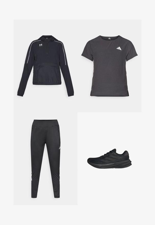 Veste à capuche noire avec fermeture éclair mi-longue à l'avant, poignets élastiques et ceinture élastique. Comprend des lignes d'accentuation blanches et une poche zippée à l'avant.; T-shirt de sport à manches courtes, gris foncé avec une texture perforée. Présente un logo blanc et des rayures latérales contrastantes. Encolure arrondie.; Pantalon de sport noir en tissu extensible, avec une coupe ajustée, deux poches latérales zippées, et un logo sur la partie inférieure de la jambe.; Baskets de sport noires avec un dessus en maille, une forme épurée, une semelle plate et trois bandes diagonales sur le côté. Design léger pour le confort.