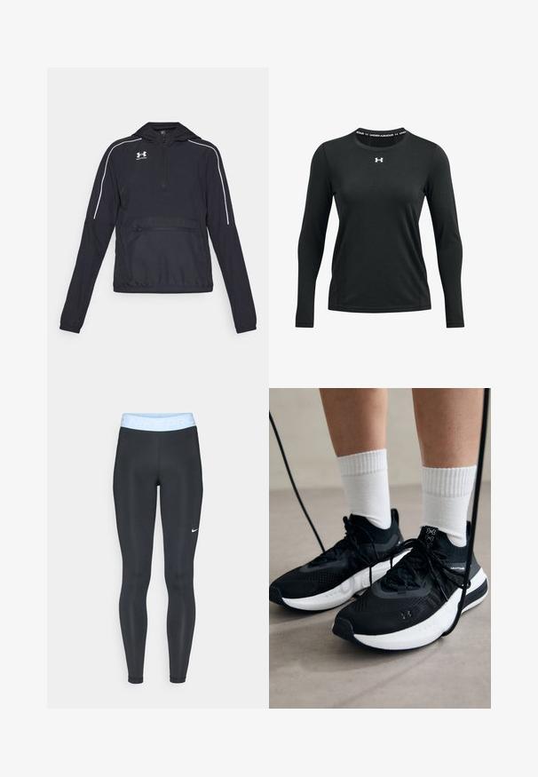 Must must sweatshirt, mille äärega kapuutsiga, poolelt luku ees, elastsed mansetid ja vöökoht. Omab valgeid aktsentjooni ja eespoolt lukuga taskut.; Must musta pikkade varrukatega spordipaita, mis on valmistatud siledast kangast. Sellel on ümmargune kaelus ja kaelas on Under Armouri logo trükitud.; Mustad mustat treeninglegginid heledast sinisest vöökohtast, millel on tekst "NIKE PRO"; sile tekstuur ja keha lähedane disain. Vasakul küljel valge Nike logo.; Mustad mustad jalanõud tekstuuritud kangast, valge tallaga ja mustade paeltega. Kanna valgete soonikkudega sokkide sisse, seistes helesinisel pinnal.