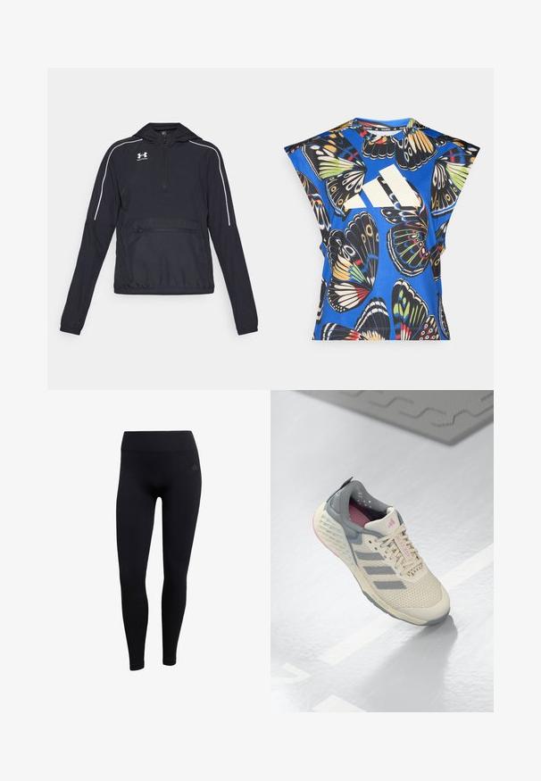 Hanorac negru cu glugă, fermoar la jumătate în față, manșete elastice și talie elastică. Are linii de accent alb și un buzunar frontal cu fermoar.; Cămașă albastră cu mânecă scurtă, decorată cu un imprimeu vibrant de fluturi în diverse culori, având un mare logo alb pe față și un guler rotund.; Leggings sportive negre fabricate dintr-un material elastic, cu talie înaltă, design ajustat și manșete pentru glezne cu textură în relief. Logo discret al brandului.; Încălțăminte sport bej cu accente gri, partea superioară din plasă și o talpă texturată. Prezintă trei dungi gri și detalii interioare roz.