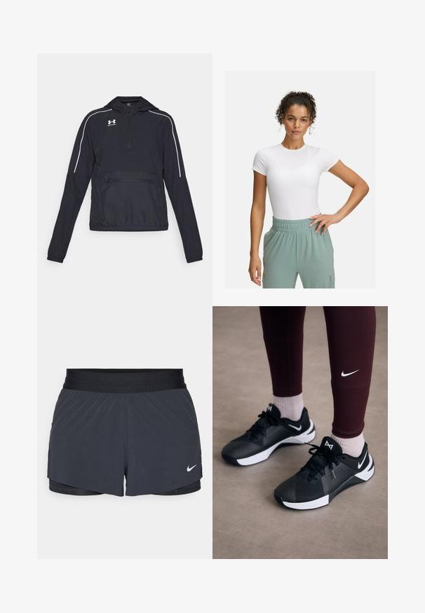 Svart pulloverjacka med huva, halv dragkedja framtill, elastiska manschetter och midja. Har vita accentlinjer och en framfick med dragkedja.; Vit åtsittande t-shirt med korta ärmar, kombinerad med byxor i ljusgrön med resårmidja. Slät textur, minimalistisk design och inga synliga mönster.; Svarta idrottsshorts med elastisk midja, med en lagerdesign och en liten vit Nike-logga på nedre vänstra sidan. Lättviktig material.; Svarta sportskor med en texturerad ovandel och vita detaljer, med snören och en sidologotyp. Helt klart i kombination med vinröda leggings och ljusa strumpor.