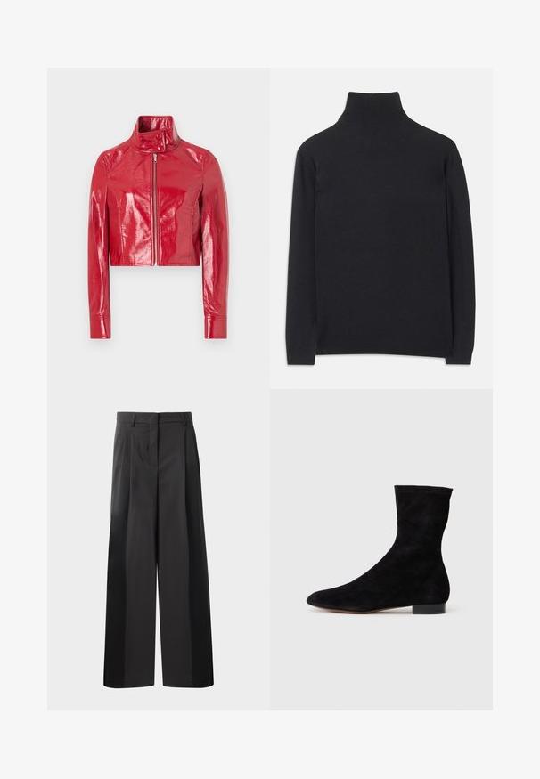 Trumpas raudonas dirbtinės odos švarkas su aukštu apykakle, priekiniais užtrauktukais ir lygiu, blizgiu paviršiumi. Ilgos rankovės su prisitaikančiais užbaigimais.; Juodas golfas, pagamintas iš minkštos medžiagos. Jis turi ilgomis rankovėmis, aukštu kaklu ir šonkauliniais rankogaliais bei apvadu, suteikiančiais prigludusį įvaizdį.; Juodos plačios kelnės su aukštu liemeniu, su priekinėmis raukšlėmis, glotnia tekstūra ir pritaikytu apdailos stiliumi. Sukurtos laisvam sėdėjimui.; Juoda zomšo kulkšnė su prigludusia ašimi, smailiu pirštu ir žemu bloku. Lygus paviršius ir minimalistiškas dizainas, tinkantis įvairiems stiliams.
