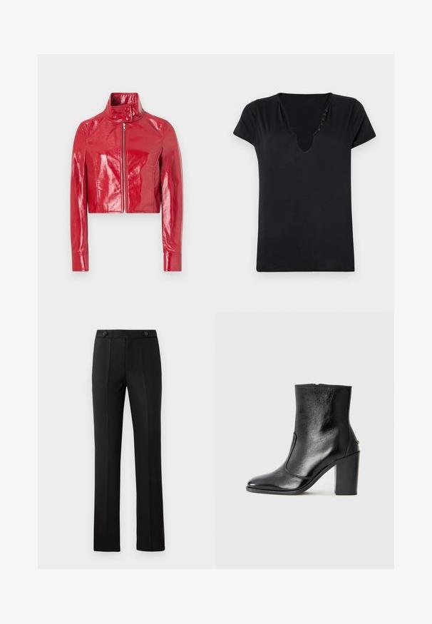 Lyhyt punainen tekonahkajakku, jossa on korkea kaulus, etuvetoketju ja sileä, kiiltävä pinta. Pitkät hihat, joissa on tiukat hihansuut.; Musta lyhythihainen t-paita, jossa on syvä V-kaula-aukko ja viisi koristeellista nappia kaula-aukolla. Liukas kangas ja rento istuvuus.; Mustat mittatilaustyönä tehdyt housut, joissa on suora lahje, kaksi etutaskua, nappisulku ja rypytyksellä varustettua yksityiskohtaa edessä. Sujuva materiaali.; Mustat nahka ankle bootit, joissa on sileä pinta, terävä kärki ja paksu korkea korko. Sivusaumassa on avaus ja muuten yksinkertainen muotoilu.
