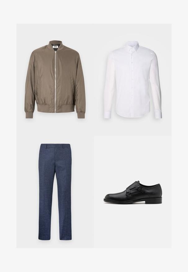 Giacca bomber da uomo color tortora con cerniera frontale, colletto, polsini e orlo a coste e tasche laterali.; Camicia bianca a maniche lunghe con bottoni realizzata in cotone, caratterizzata da un colletto classico, bottoni frontali e dettagli di cucitura minimal.; Pantaloni blu navy realizzati in un tessuto texturizzato, con gamba dritta, davanti piatto e due tasche laterali. Nessun motivo o dettaglio visibile.; Scarpa da uomo in vera pelle nera con doppie fibbie, silhouette elegante e punta tonda. Presenta un tacco basso e una texture liscia.