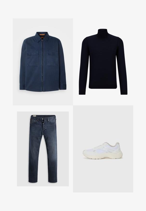 Sötétkék dzseki galléros nyakkal, elülső cipzárral és két mellzsebbel. Simával helyenként textúrával készült anyagból.; Sötét navy kék garbó pulóver, finom kötött anyagból, hosszú ujjal és testhezálló, magas nyakkal. Nincsenek látható minták vagy díszítések.; Sötétkék farmernadrág, egyenes szárú kivitelben, cipzáras, fémből készült gombokkal és réz szegecsek díszítéssel. Simas textura, látható minták nélkül.; Fehér sportcipők, amelyek hálós és velúr anyagból készültek, texturált középtalppal, texturált részletekkel és a "HUGO" logóval az oldalon.