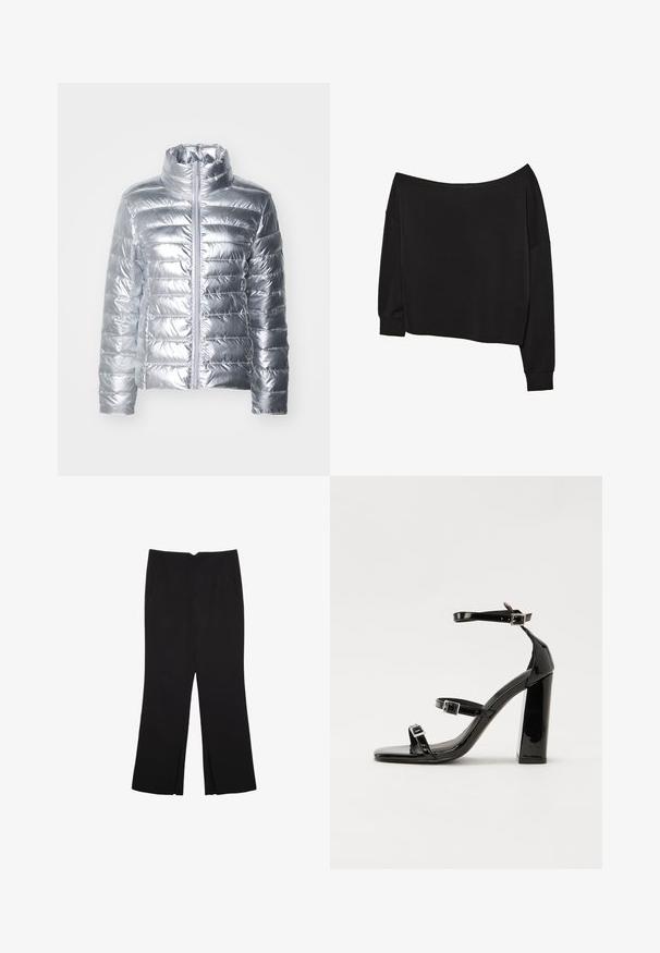 Srebrna puhovka z visokim ovratnikom, z vodoravno prešitimi detajli in sprednjim zadrgo. Material se zdi sijoč in gladek.; Črni top z dolgimi rokavi, brez naramnic, sproščenega kroja; mehka bombažna mešanica; širši izrez; široki rokavi; rebrasti manšeti in rob.; Črne hlače ravnega kroja z naglavnimi žepi in stranskimi razporki na robu. Narejene iz mehke, gladke tkanine. Primerne za različne priložnosti.; Črne lakirane sandale s peto, kvadratnim prstom, trakovi okrog gležnja in srebrnimi zaponkami. Opremljene so s stabilno Debelo peto.