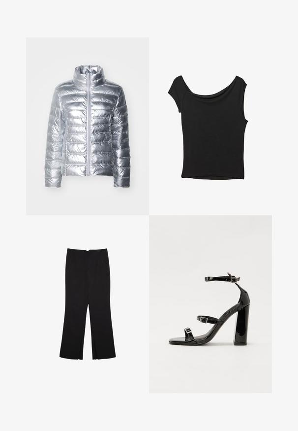 Sølv puffjakke med høj krave, der har horisontalt quiltet design og en frontlynlås. Materialet ser glat og blankt ud.; Sort kortærmet top lavet af glat stof; har en draperet halsudskæring og en asymmetrisk kant, med en tætsiddende pasform.; Sorte bukser med lige pasform, der har frontlommer og slidser i kanten. Lavet af blødt, glat stof. Velegnet til forskellige anledninger.; Sorte patenterede hælsandaler med firkantet tå, ankelremme og sølvspænder. Har en chunky blokHæl for stabilitet.