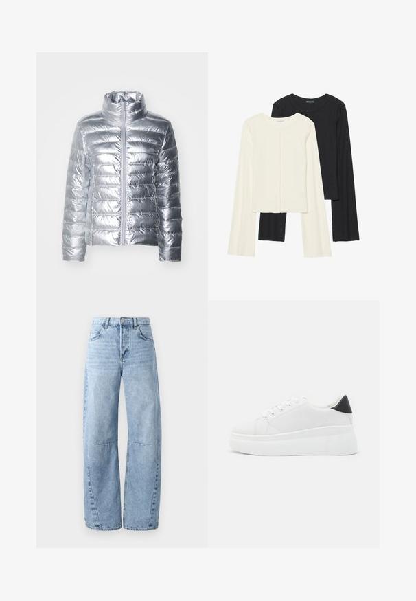 Ezüst színű kerekderekú kabát magas nyakkal, vízszintes steppelt mintával és elülső cipzárral. Az anyag csillogónak és simának tűnik.; Két darabból álló hosszú ujjú felsők szettje fehér és fekete színben. Bordás textúra, kerek nyakkivágás, testhez simuló fazon, enyhén bővülő ujjakkal.; Világoskék, bő szabású farmernadrág, magas derékkal, öt zsebből álló kialakítással és diszkrét kopással. A nadrág lábszárain látható varrások és illesztések találhatók.; Fehér platform sportcipők sima szintetikus anyagból, lekerekített orral, fűzős kialakítással és texturált gumitalppal. Fekete sarokdísz.