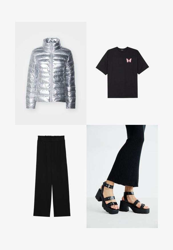 Jachetă puf cu straturi metalice de argint, cu un guler înalt, având un design cu cusături orizontale și un fermoar frontal. Materialul pare lucios și neted.; Tricou negru din bumbac cu mâneci scurte, având pe partea stângă a pieptului un mic grafic cu un fluture roz. Design cu guler rotund și croială lejeră.; Pantaloni largi negri cu un tiv volant, cu două buzunare laterale și un material neted, ușor. Fără modele vizibile sau accesorii.; Sandale negre cu platformă, cu talpă groasă și adâncă, având multiple curele, care includ catarame din metal și un aspect neted, asemănător cu pielea.