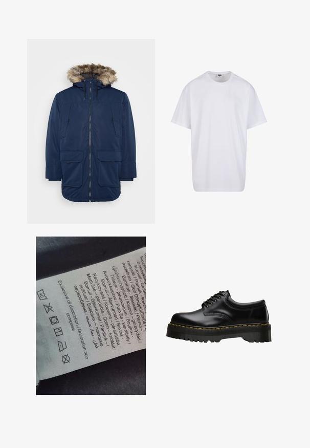 Laivasto sininen parka-takki, jossa on karvatuuletin, vetoketjusuljenta ja kaksi suurta etutaskua. Takissa on sileä kangas ja rento malli.; Valkoinen puuvillainen t-paita, jossa on lyhyet hihat, pyöreä kaula-aukko, rento istuvuus ja ei näkyviä logoja tai kuvioita. Sileä pinta ja minimaalinen muotoilu.; Tarran etiketti, jossa on monikielistä tekstiä, huoltovihjeitä ja kierrätysikoneita, painettuna pehmeälle kankaanomaista materiaalia, vaaleassa väreissä.; Musta nahkainen nauhalenkkiavainkengät, joissa on paksu, sahalaitainen musta kumipohja ja keltaiset tikkaukset reunassa, näyttäen sileältä.