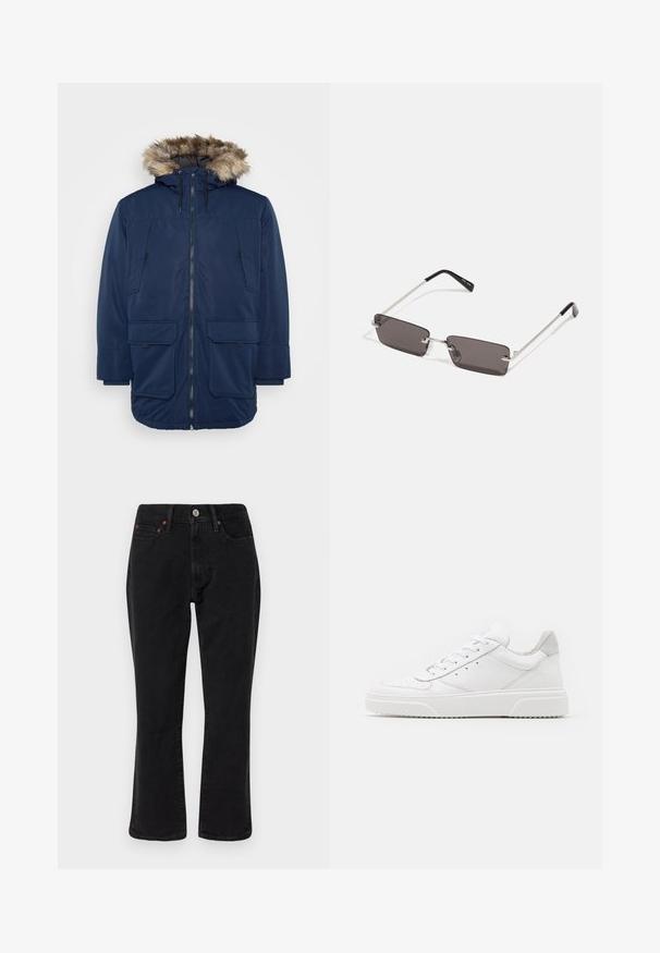 Navy parka jakke med pelsforet hætte, lynlåslukning og to store forlommer, med et glat materiale og en afslappet pasform.; Brun bomulds T-shirt med en afslappet pasform, korte ærmer og et lille grafik med teksten "DELICIOUS REFRESHING FRUIT" i hvidt og lilla.; Sorte denim jeans med lige ben, fem lomme-design og metalhardware med kobberdetaljer. Glat tekstur og mellem høj midt.; Hvide lædersneakers med en glat finish, rund tå, flade snørebånd og en struktureret sål. Grå ruskindsdetalje ved hælen.; Solbriller med rektangulære, mørke grå linser, sølv metalrammer og sorte plastiks spidser på stængerne. Letvægtsdesign med næsepuder.