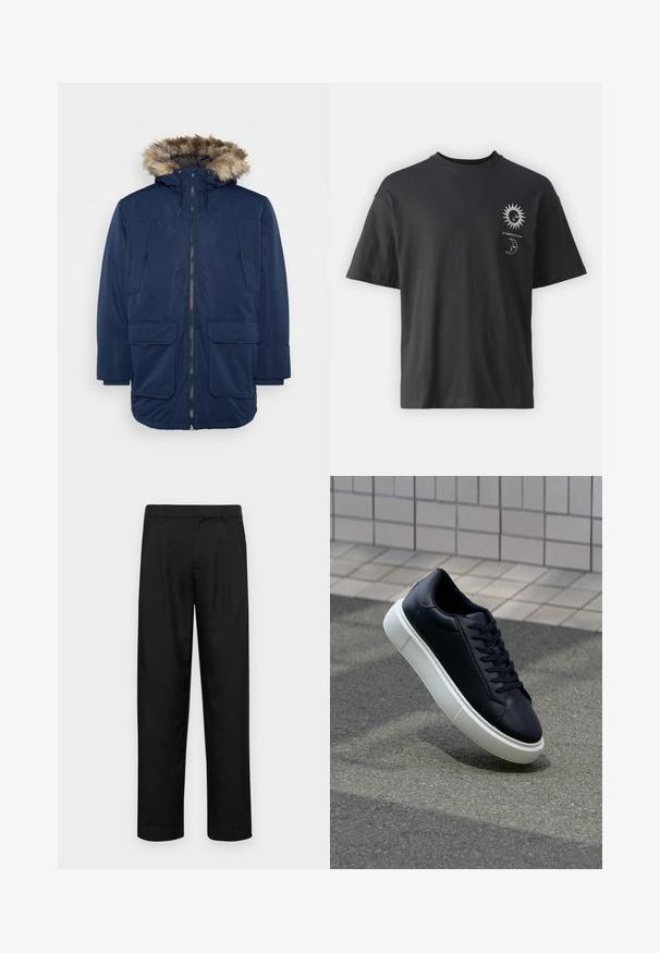 Navy parka jakke med pelsforet hætte, lynlåslukning og to store forlommer, med et glat materiale og en afslappet pasform.; Sort bomulds T-shirt med korte ærmer, rund hals og frontgrafik af en sol og måne, ledsaget af teksten "Le Soleil et La Lune."; Sorte bukser lavet af glat stof, med et lige ben-design, to frontfolder og en standard talje med bæltestropper.; Sort lædersneaker med rund tå og hvid gummisål. Har flade snørebånd og minimal syning på overdelen. Tekstureret sål for bedre greb.