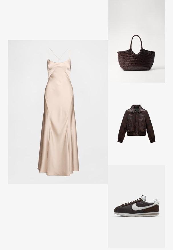 Giacca bomber in pelle marrone con colletto, due tasche frontali, polsini e orlo a coste, caratterizzata da una superficie liscia e cuciture minime.; Abito da sera in raso beige con spalline sottili, caratterizzato da un corpetto aderente, silhouette drappeggiata e orlo svasato. Tessuto liscio con una lucentezza sottile.; Sneakers Nike marroni e grigi con accenti bianchi; materiali in pelle e camoscio; suole texture; lacci grigi; design retro classico.; Borsa tote intrecciata marrone con parte superiore arrotondata e due manici. Presenta un motivo testurizzato con una struttura ampia e aperta per un facile accesso.