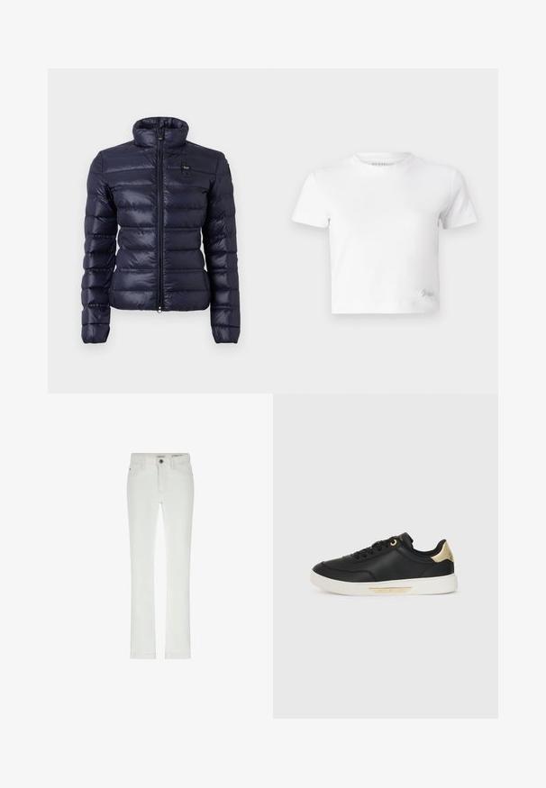 Tamno plavi pufasti kaput s visokim ovratnikom, horizontalnim kvadratićima, prednjim zatvaračem i zakrpom s logom na prsima. Mekani, sjajni materijal.; Bijela skraćena majica izrađena od glatkog pamuka, s visokim izrezom i kratkim rukavima. Mali izvezeni logo u donjem kutu.; Bijele traperice uskog kroja, s 5 džepova i kontrastnim šavovima. Imaju kopčanje na dugme i suptilnu oznaku brenda na remenu.; Crne kožne tenisice s glatkom teksturom, bijela gumena potplata, zlatni akcenti na peti i rupama za vezivanje, s logotipom sa strane.