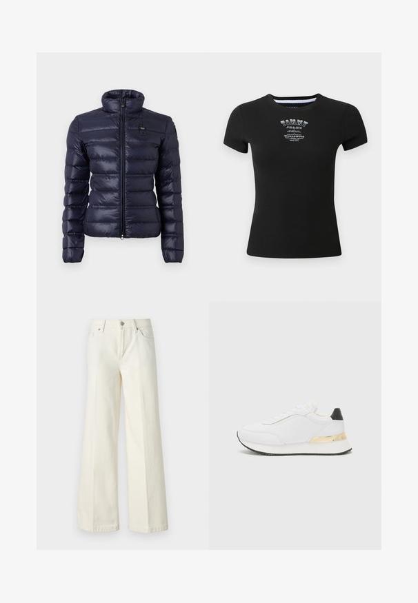 Tamno plavi pufasti kaput s visokim ovratnikom, horizontalnim kvadratićima, prednjim zatvaračem i zakrpom s logom na prsima. Mekani, sjajni materijal.; Crna rebrasta majica kratkih rukava, s bijelim "TOMMY JEANS" logotipom i natpisom u iznošenom stilu duž prsnog dijela.; Široke bijele traperice izrađene od mješavine pamuka. Imaju zatvarač, dizajn s pet džepova i šavove uz rubove.; Bijele tenisice s glatkom obradom, koje imaju crni akcent na peti i zlatni metalni detalj na srednjem dijelu. Dizajn sa vezicama, gumeni potplat.