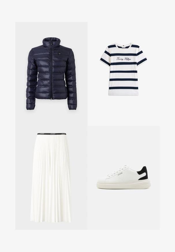 Jachetă pufoasă de culoare bleumarin, cu guler înalt, design matlasat orizontal, fermoar frontal și patch cu logo pe piept. Material moale și strălucitor.; Tricou din bumbac cu dungi orizontale bleumarin pe un fundal alb. "Tommy Hilfiger" brodat în stil cursiv pe piept. Decolteu rotund.; Fustă plisată albă cu un brâu elastic negru, având logo-ul "LACOSTE". Design de lungime medie, cu textură moale.; Adidași din piele albă cu o talpă groasă albă, accent de călcâi din suede negru și logo embosat pe lateral. Design cu șireturi și șase orificii.