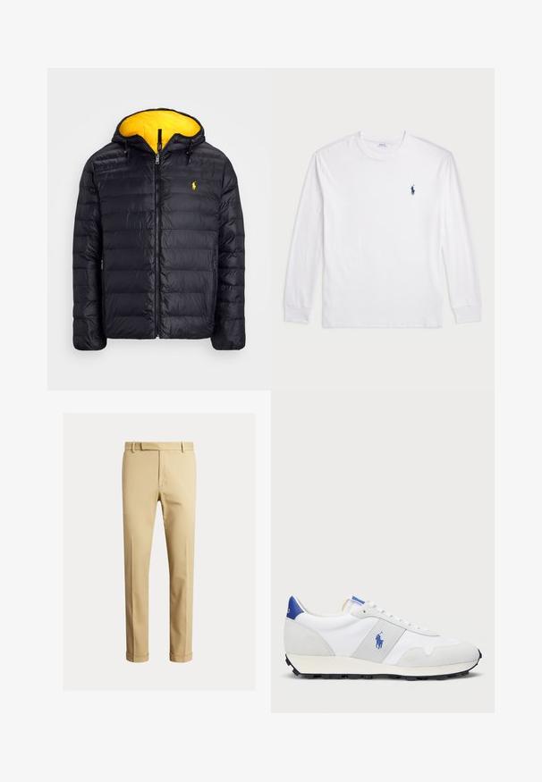 Polo Ralph Lauren THE COLDEN REVERSIBLE JACKET - Ziemas jaka - black/slicker yellow; Baltas garām piedurknēm T-krekls, izgatavots no kokvilnas. Tam ir apaļa kakla izgriezne, ribotas piedurknes un neliels tumši zilas polo logo kreisajā krūtī.; Khaki chinos, kas izgatavoti no gludas kokvilnas auduma, ar pieguļošu dizainu, priekšējām krokām un elastīgiem galiem pie potītēm, nodrošinot sašaurinātu izskatu.; Baltas sporta apavi ar pelēku zamšādas akcentu, sieta augšdaļu, zilu papēža cilpu un melnu gumijas zoli. Iespējams, ir auklu aizdare un logo.
