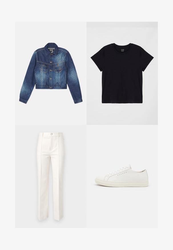 Džinsinis švarkas su sutrumpintu dizainu, klasikiniais atvartais ir dviem krūtinės kišenėmis. Šviesiai ir tamsiai mėlynų rombų rašto akcentai.; Juodas trumpas rankovės marškinėliai pagaminti iš minkštos medvilnės. Klasikinis apvalus kaklo dizainas su paprasta, nepuošta paviršiumi ir laisvalaikio siluetu.; Baltos tiesios kojinės kelnės iš medvilnės mišinio, turinčios lygią tekstūrą, dvi priekinės klostes ir juosmenį su vienu mygtuko uždarymu.; Balti odiniai sportbačiai su lygiu paviršiumi, apvaliu nosiu, minimaliais akytėmis ir plokščiu guminio pado. Paprastas dizainas be jokių papildomų akcentų.