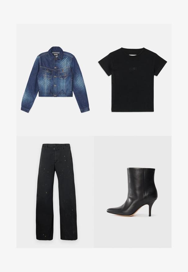 Takkahuppu, jossa on lyhyt malli, klassinen kaulus ja kaksi rintataskua. Vaalean- ja tummansinisiä timanttikuvioita korostamassa.; Musta puuvillapaita lyhyillä hihoilla, pyöreällä pääntiehen ja pienellä vaaleammalla graafisella printillä edessä.; MM6 Maison Margiela PANTS - Relaxed fit -farkut - black; Musta nahkasaapas nilkkamittaisena, teräväkärkinen, kapea stiletto-korko ja sileä pinta. Minimalistinen muotoilu ilman näkyviä metalliosia tai kuvioita.