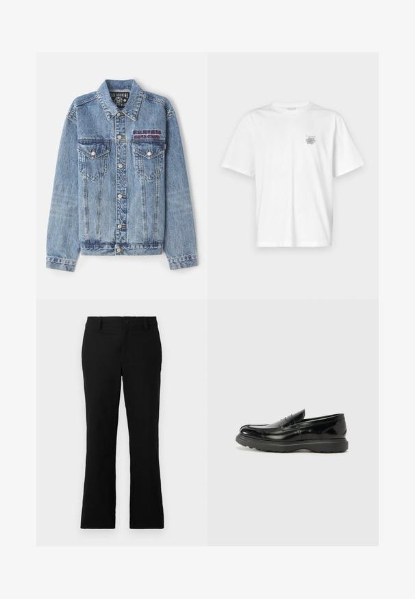Ανοιχτό μπλε τζιν ζακέτα με αιχμηρό γιακά, κουμπιά μπροστά, δύο τσέπες στήθους και κεντημένο λογότυπο "Billionaire Boys Club".; Λευκό μπλουζάκι από βαμβάκι με κοντά μανίκια, στρογγυλή λαιμόκοψη και μικρό γκρίζο λογότυπο στην αριστερή περιοχή του στήθους. Λείο υφασμά.; Μαύρο παντελόνι με καμπάνα φτιαγμένο από ύφασμα με μείγμα βαμβακιού, με κλείσιμο με κουμπί, θηλιές ζώνης και λεία υφή χωρίς ορατά σχέδια.; Μαύρο δερμάτινο λούστρο με γυαλιστερή φινίρισμα, στρογγυλή μύτη, διακριτικές ραφές και παχύ καουτσούκ σόλα για ανθεκτικότητα.